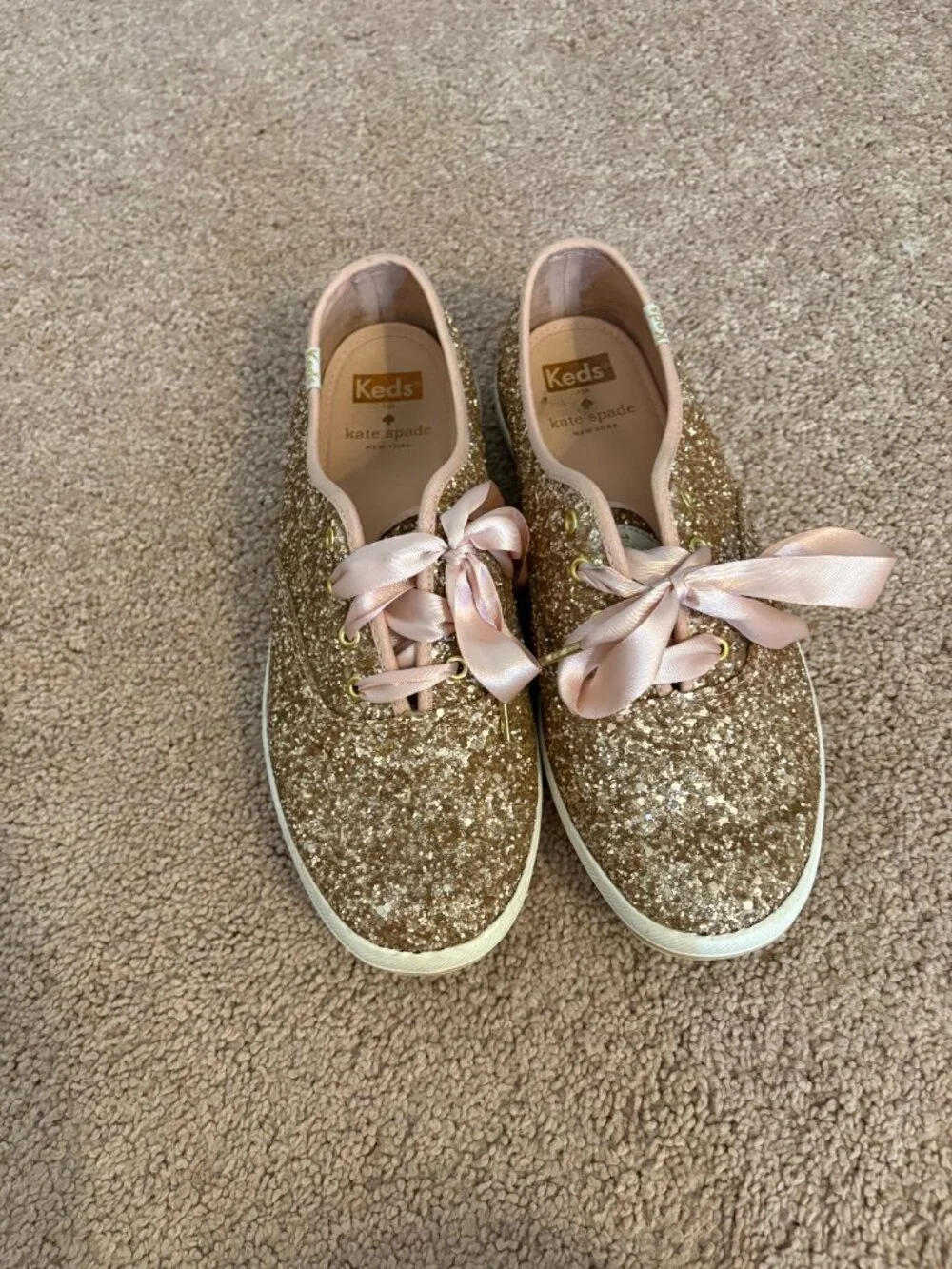 Keds x Kate Spade Rose Gold Glitter Sneakers Ribbon Lace Size 7.5